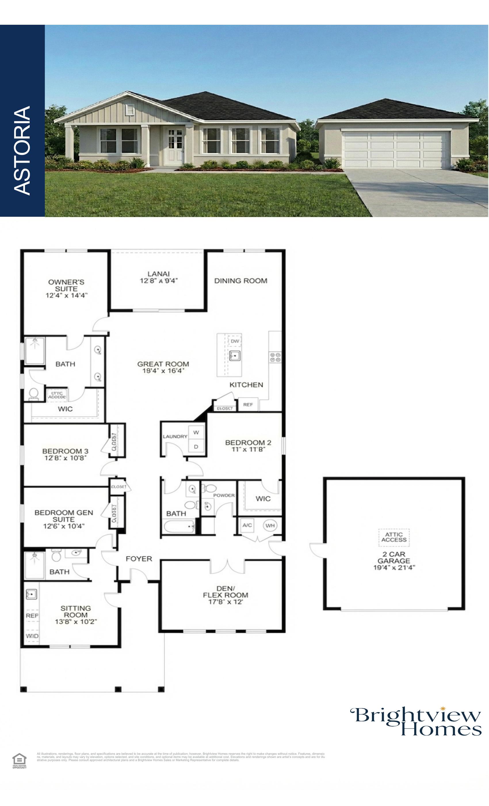 Astoria floor plan architectural drawing — 4 bed 3.5 bath 2551 sq ft by Brightview Homes