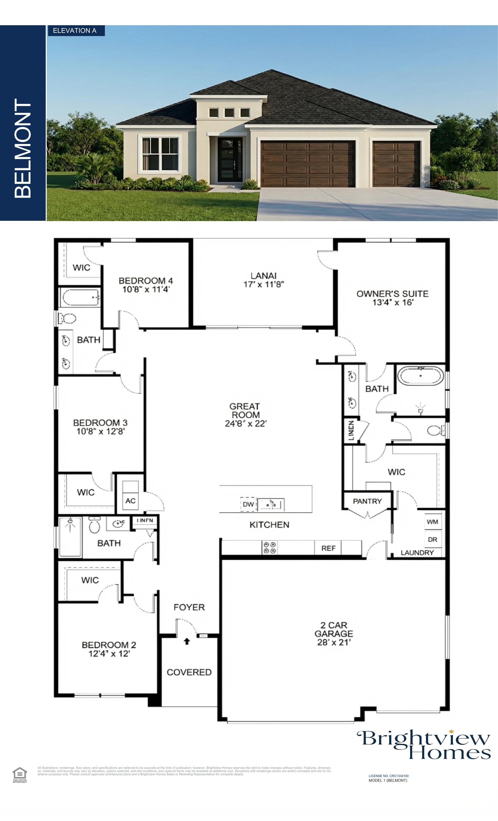 Belmont floor plan architectural drawing — 4 bed 3 bath 2307 sq ft by Brightview Homes