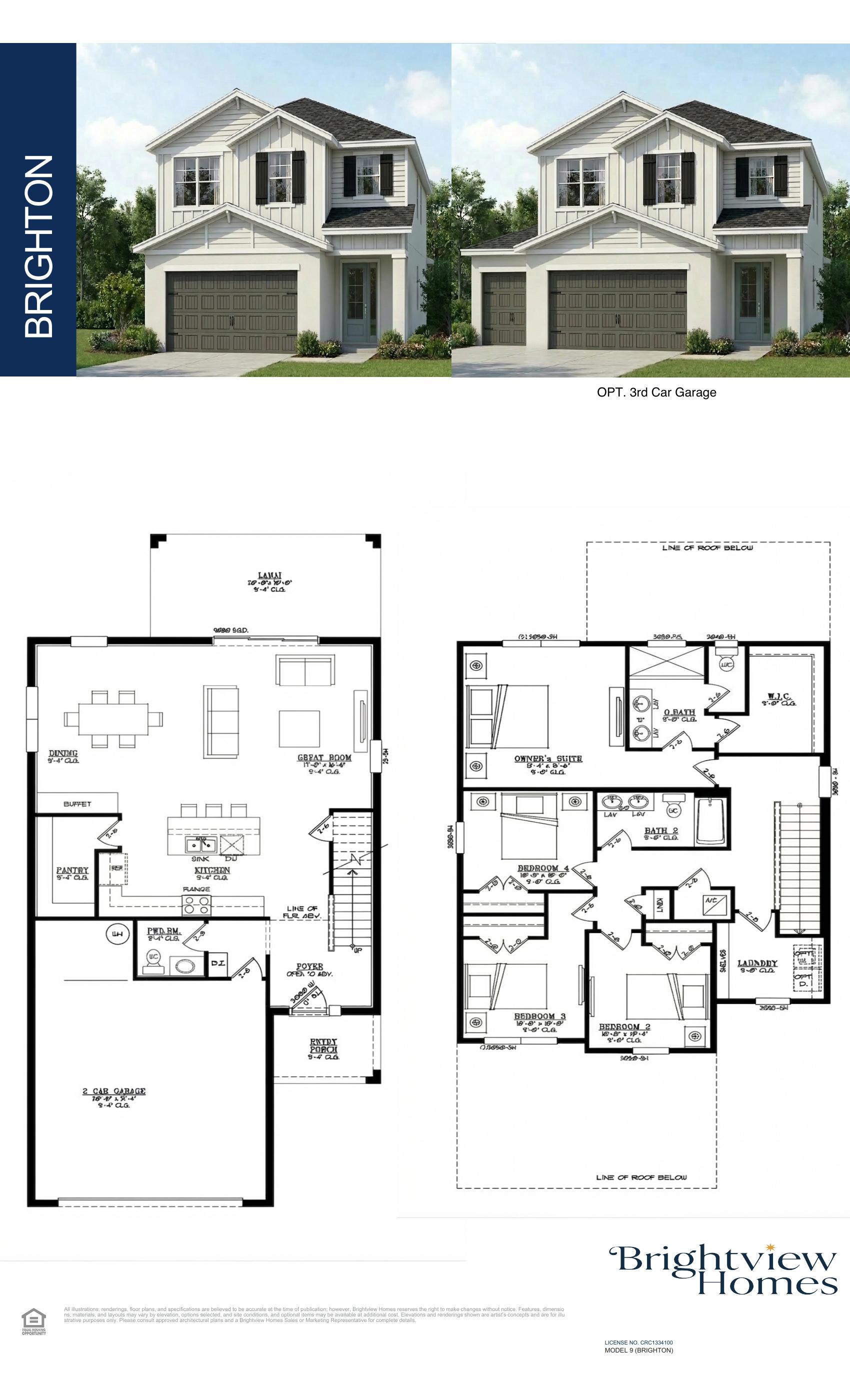Brighton floor plan architectural drawing — 4 bed 2.5 bath 2069 sq ft by Brightview Homes