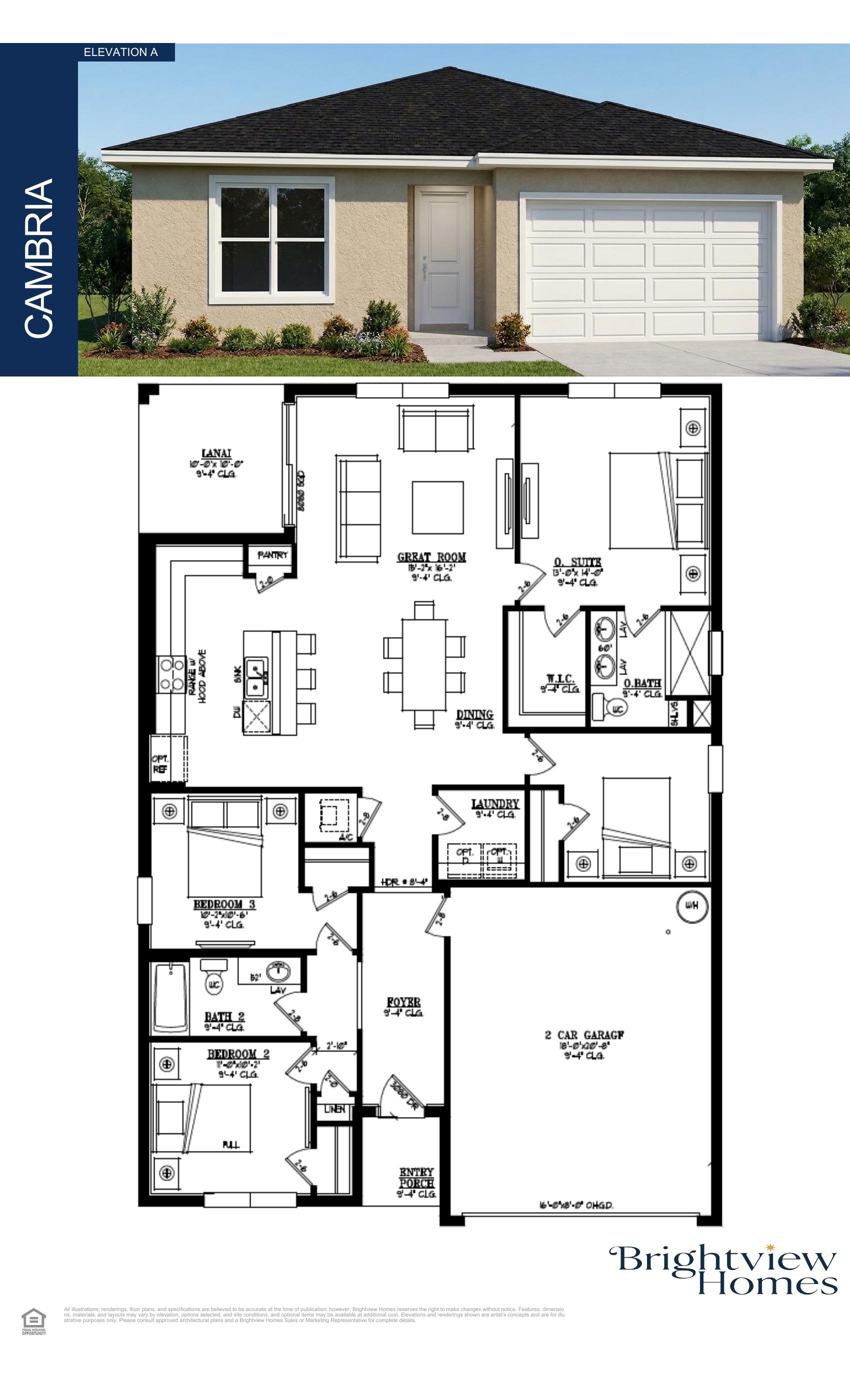 Cambria floor plan architectural drawing — 4 bed 2 bath 1665 sq ft by Brightview Homes