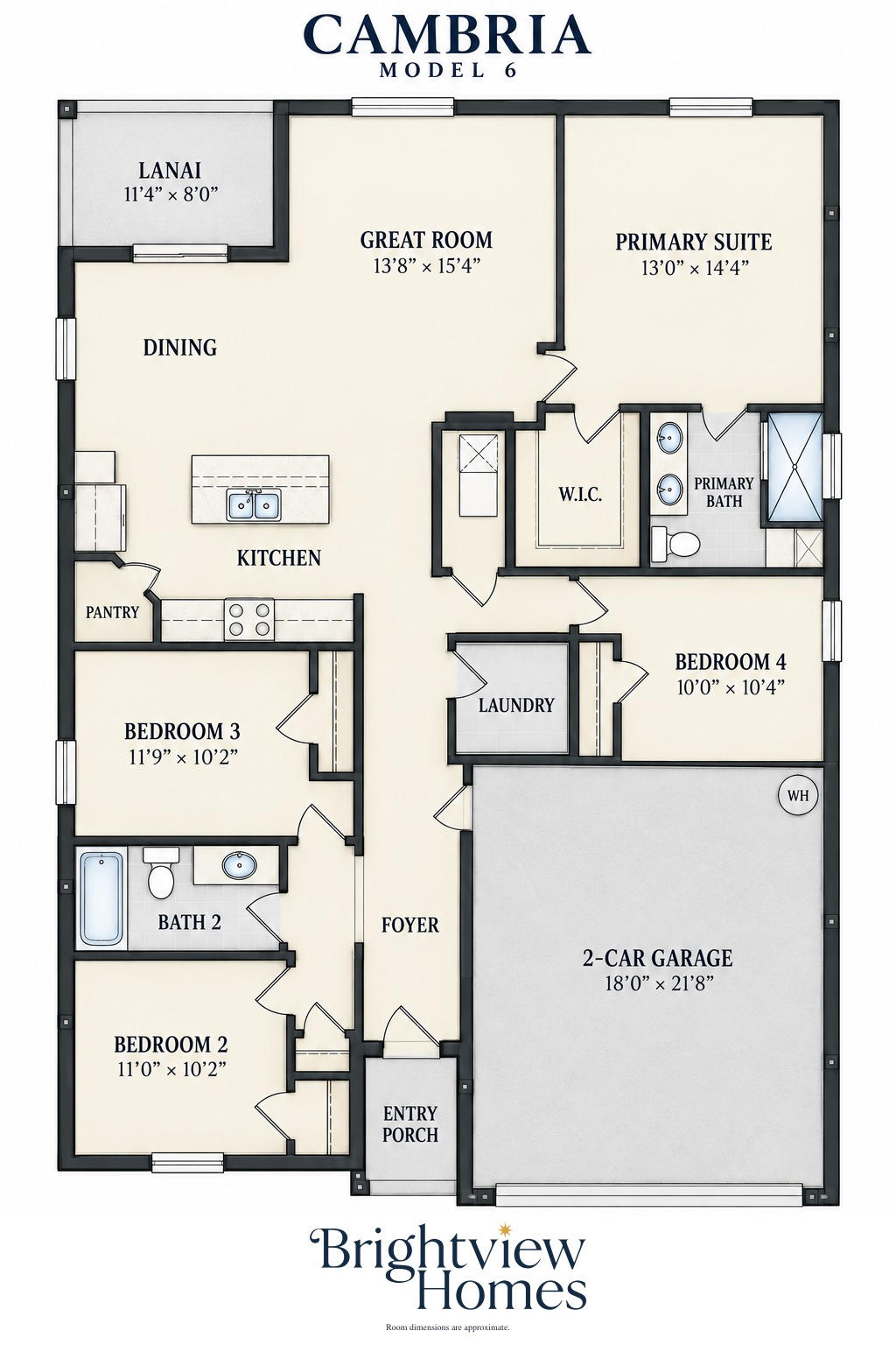 Cambria floor plan — 4 bedroom, 2 bath, 1,665 sq ft, single story, by Brightview Homes