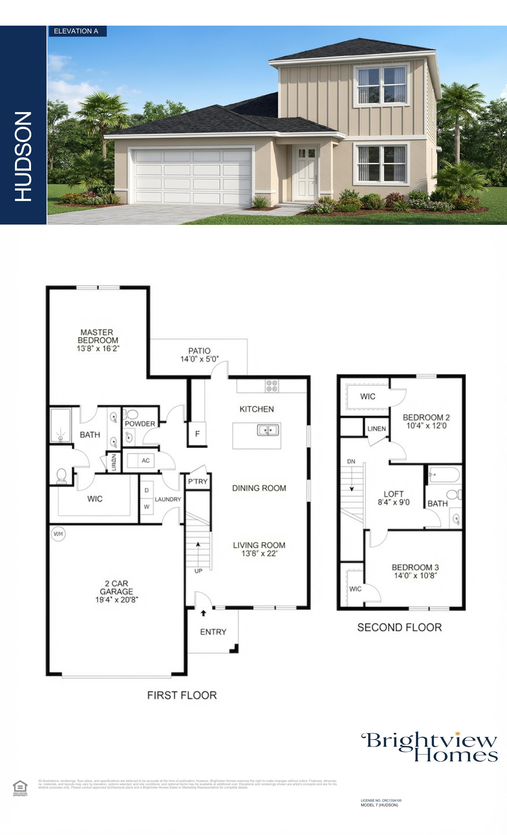 Hudson floor plan architectural drawing — 3 bed 2.5 bath 1821 sq ft by Brightview Homes