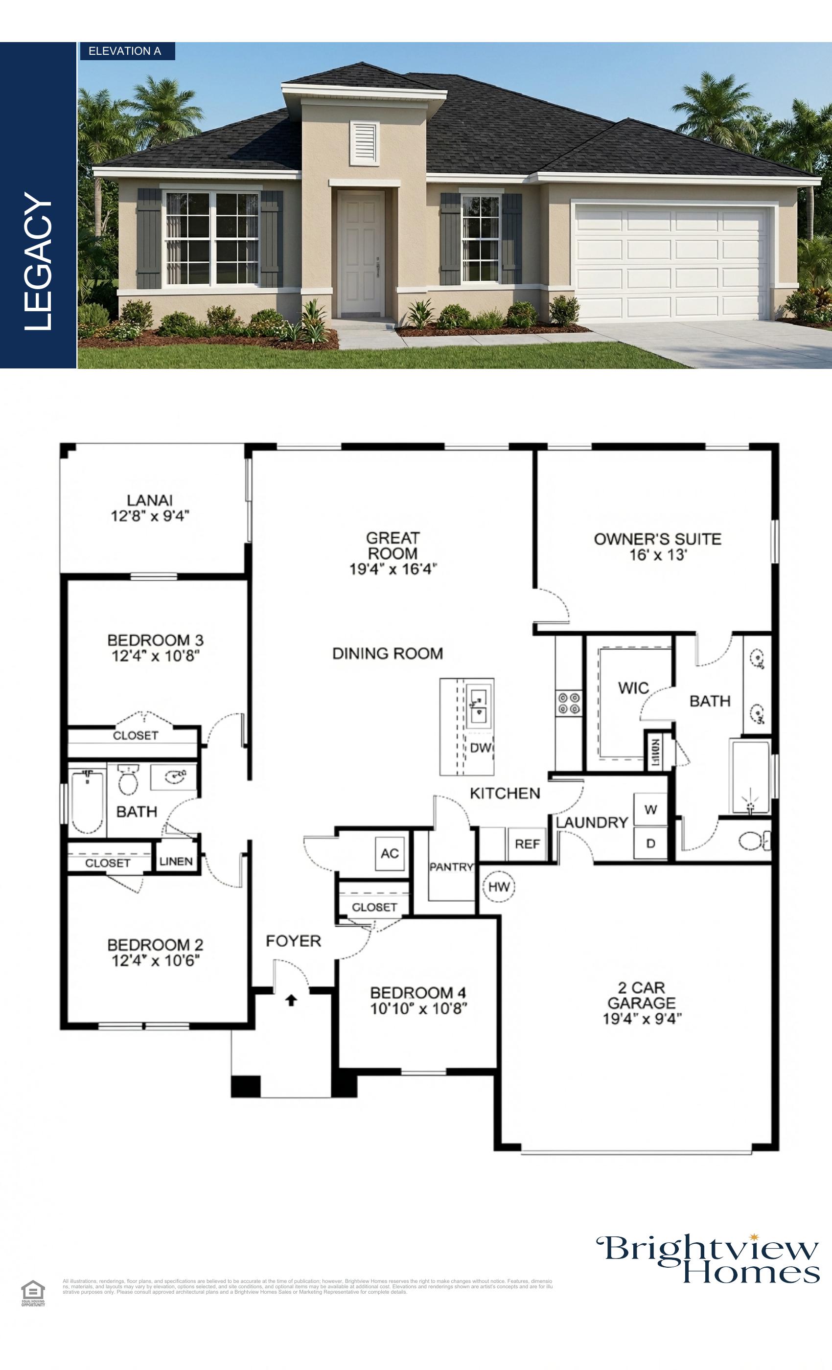 Legacy floor plan architectural drawing — 4 bed 2 bath 1805 sq ft by Brightview Homes