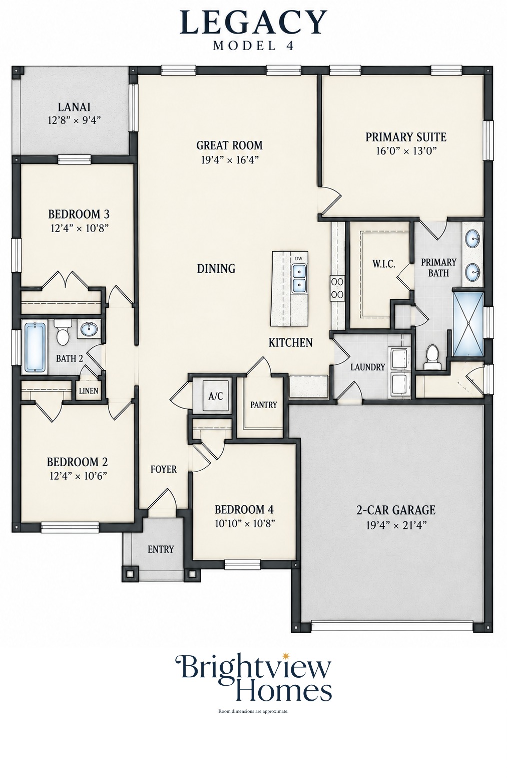 Legacy floor plan — 4 bedroom, 2 bath, 1,805 sq ft, single story, by Brightview Homes