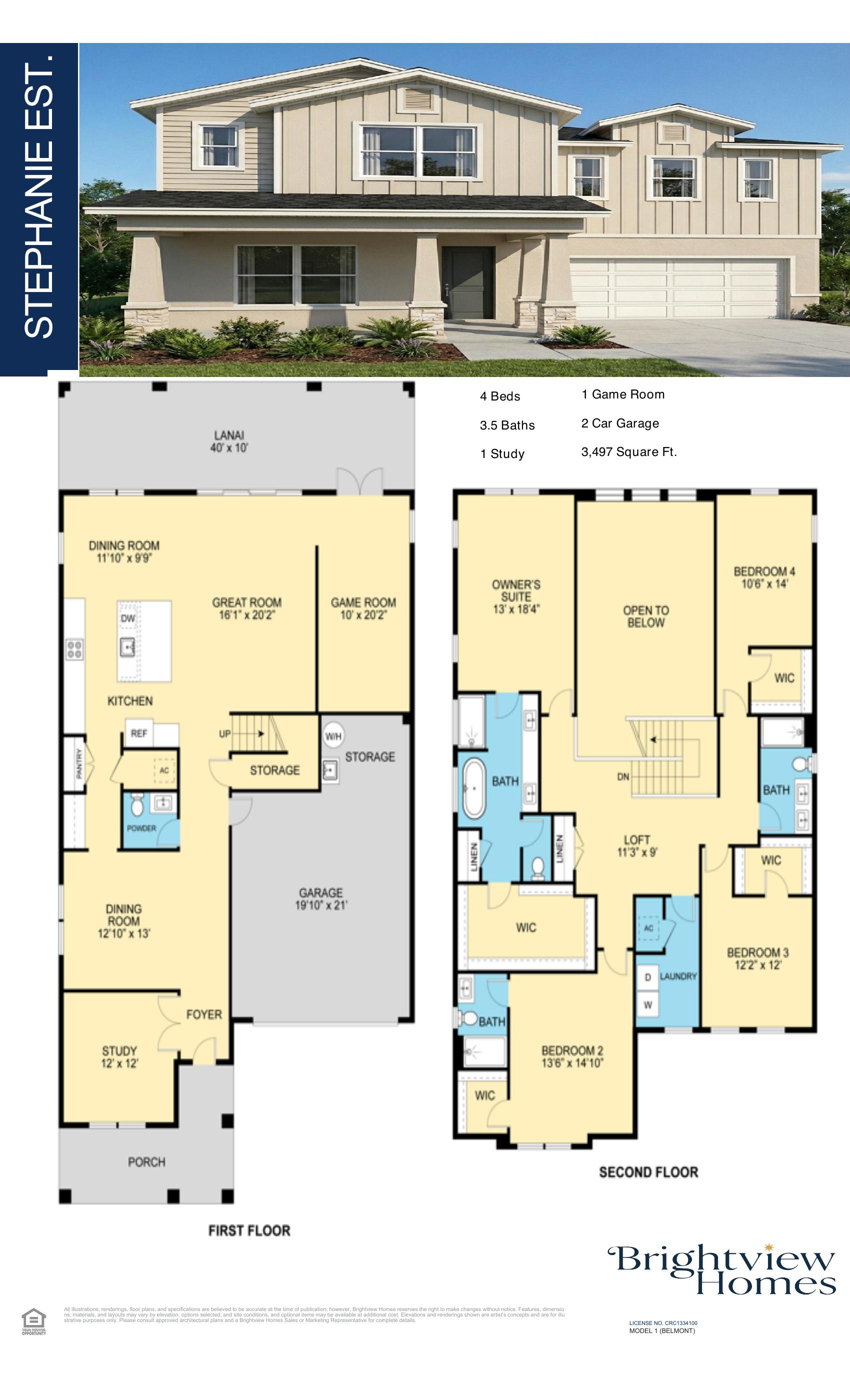 Stephanie Estate floor plan architectural drawing — 4 bed 3.5 bath 3479 sq ft by Brightview Homes