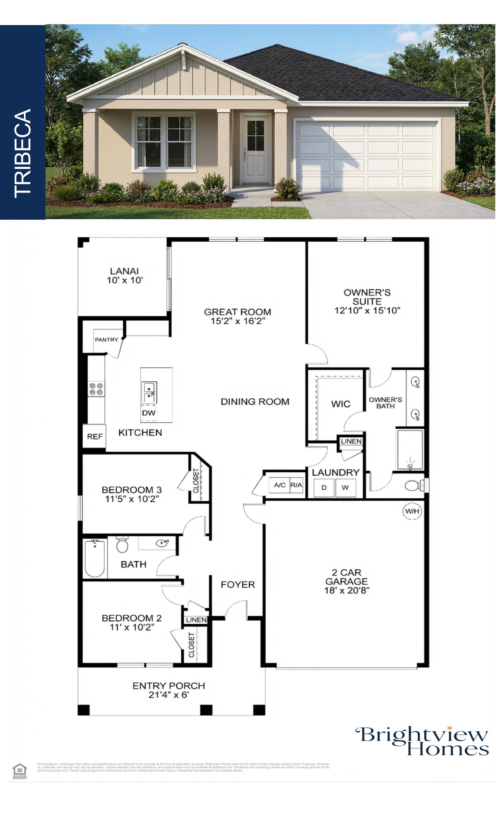 Tribeca floor plan architectural drawing — 3 bed 2 bath 1665 sq ft by Brightview Homes