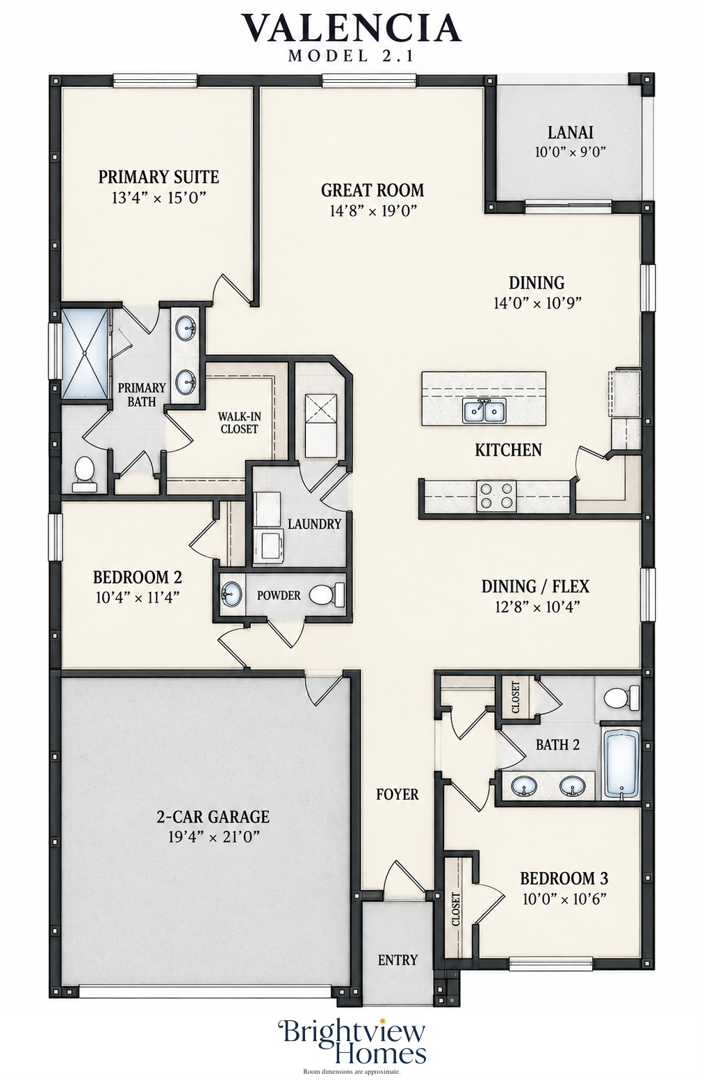 Valencia floor plan — 4 bedroom, 2.5 bath, 1,920 sq ft, single story, by Brightview Homes