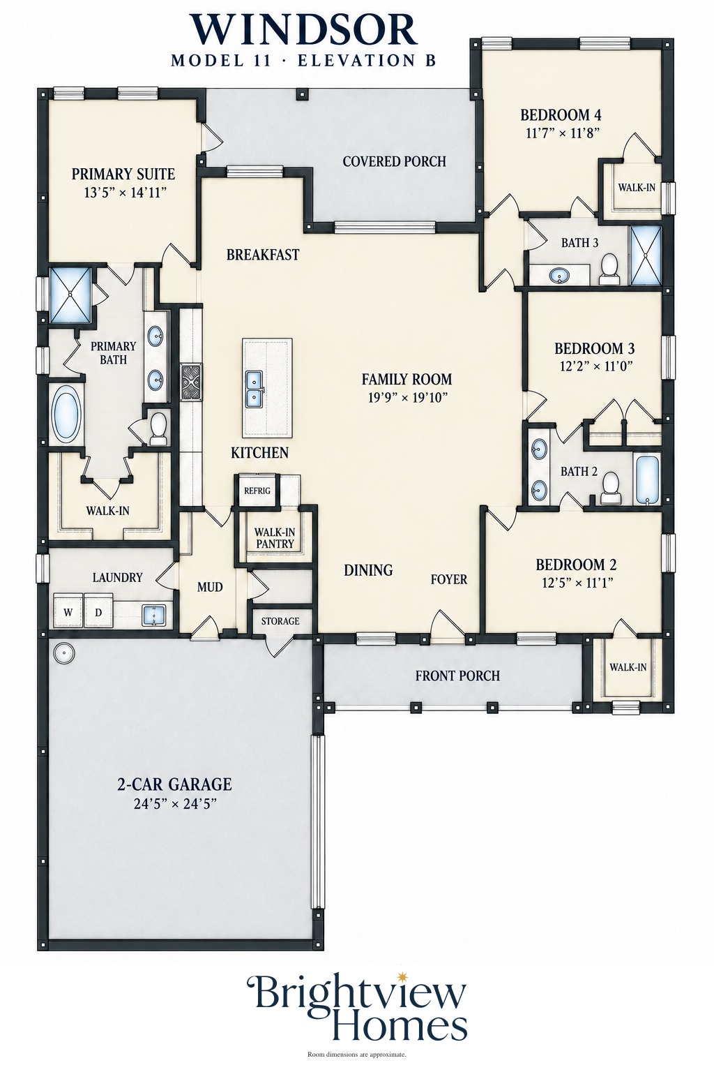 Windsor Modern floor plan — 4 bedroom, 3 bath, 2,501 sq ft, single story, by Brightview Homes